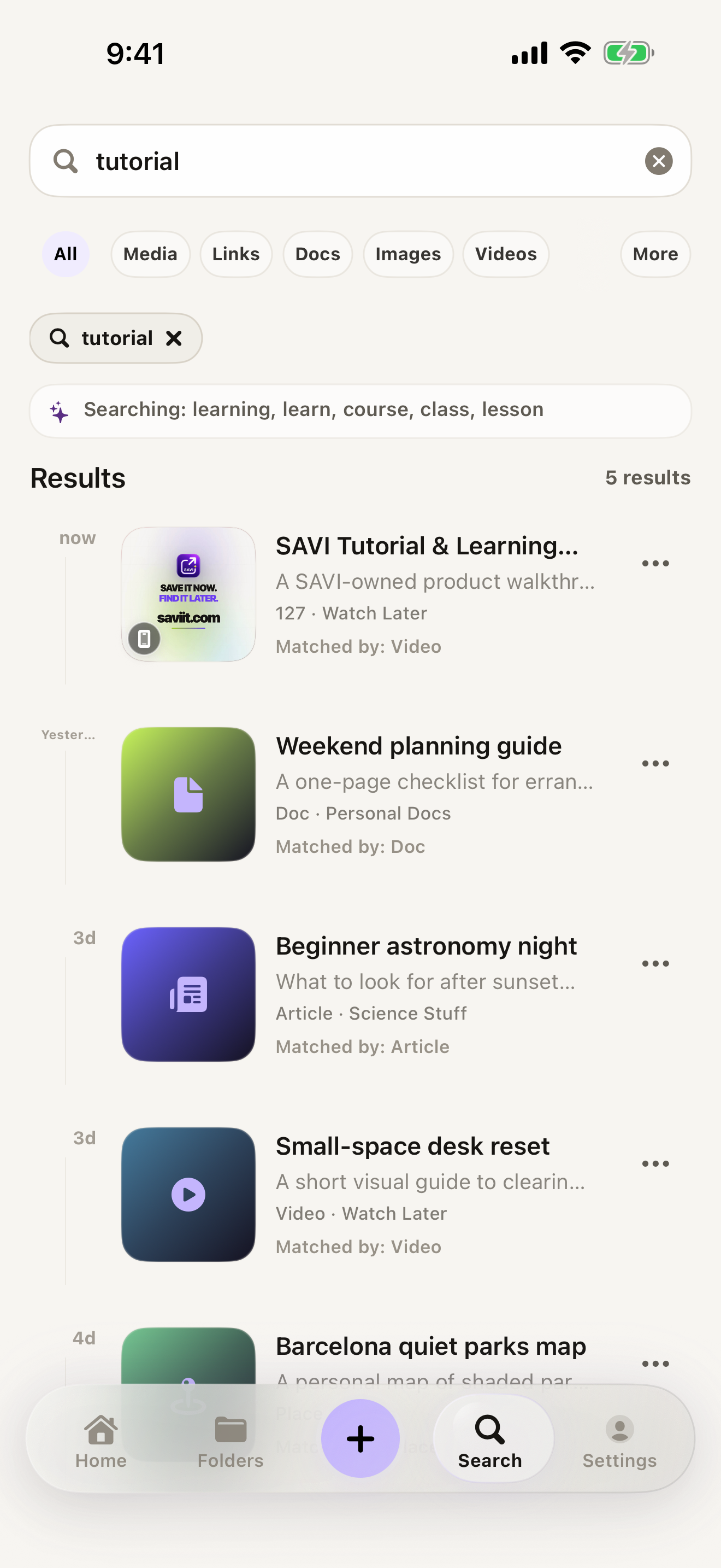 Real SAVI build-193 search for tutorial returning the SAVI-owned video first