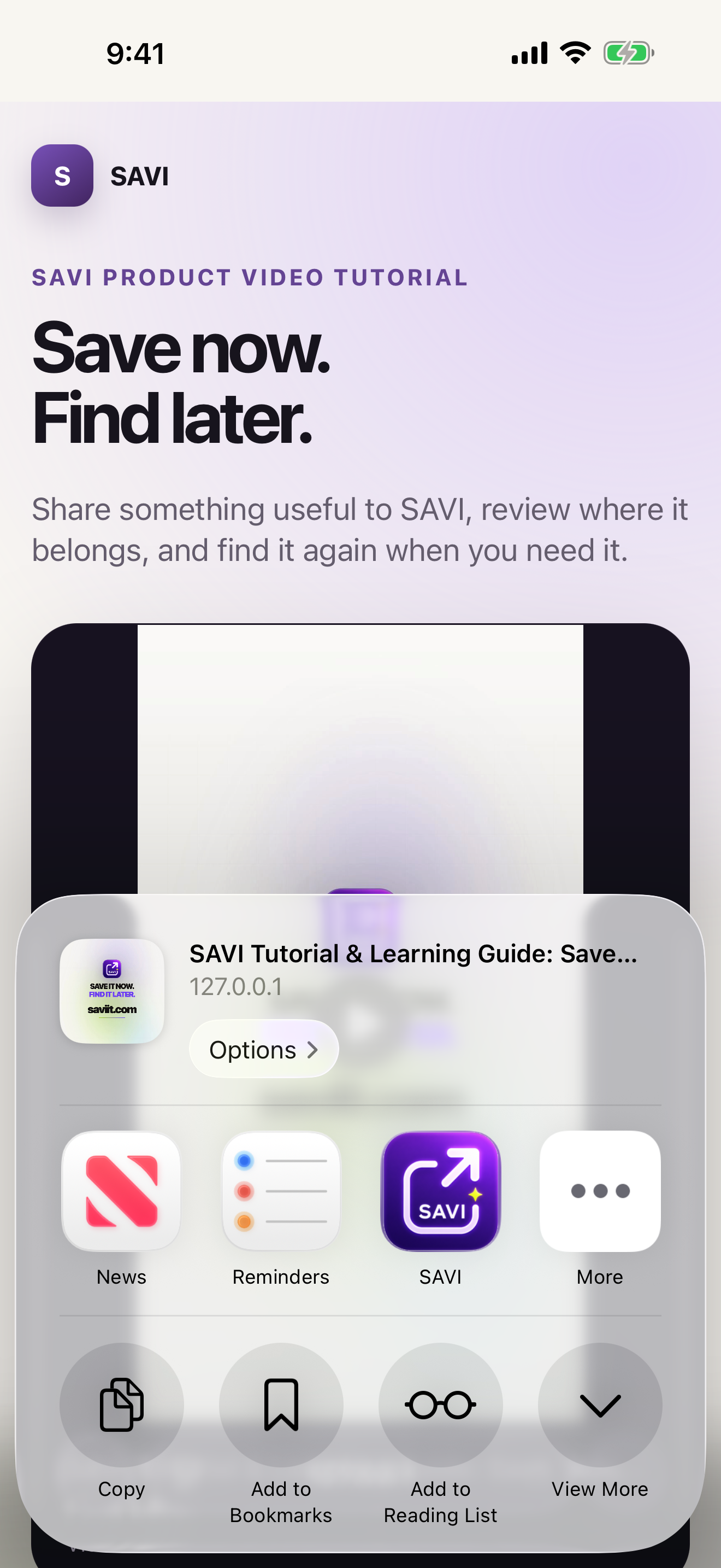 Real iOS Share Sheet on SAVI-owned content with the SAVI app icon ready to tap