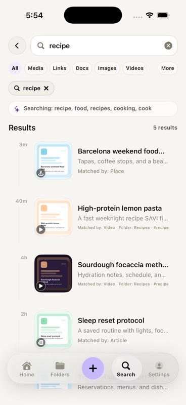 SAVI search results for recipe showing five useful saved results