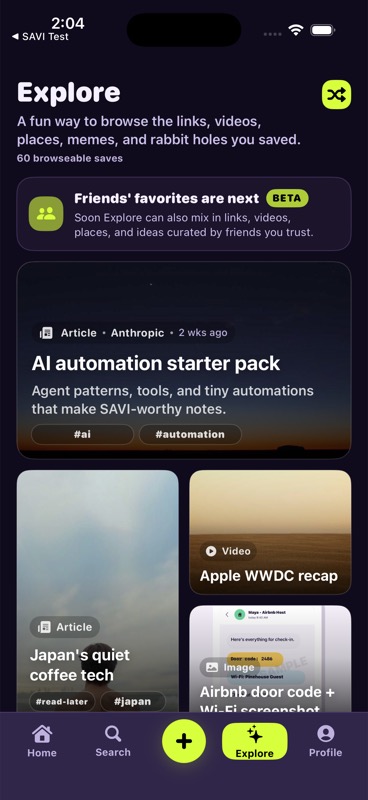 SAVI Explore screen with saved cards and friends filter