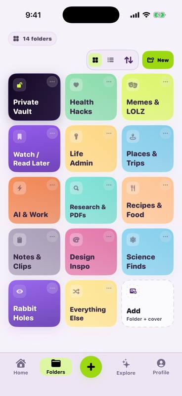 SAVI Folders screen with 14 colored folders