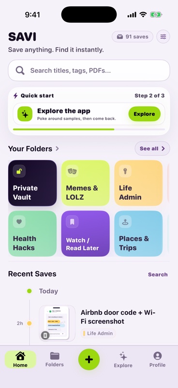 SAVI Home timeline showing saved research, recipes, screenshots, and places