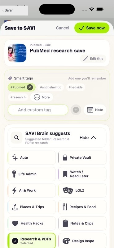 SAVI save screen showing a PubMed save with smart tags and folder choices