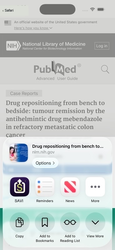 iPhone share menu with SAVI app icon available as a save destination